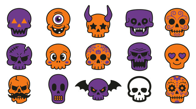 Set of halloween skull vector icons in purple and orange colors featuring various spooky characters monsters and decorative designs halloween character skeleton