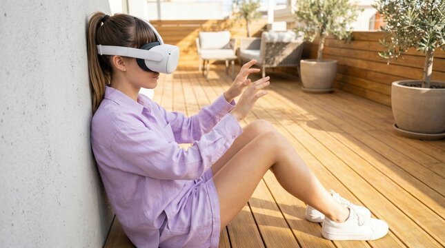 Woman sitting on wooden deck floor using white VR headset