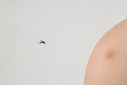Mosquito Approaching Human Skin with Insect Bite Mark and Copy Space