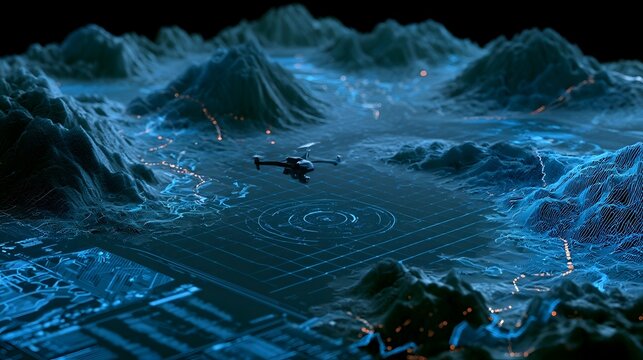3D rendering UAV telemetry interface showing a detailed topographic map Stock Illustration