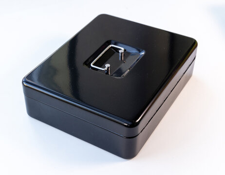 Shiny Black Metal Cash Box on a Clean White Background