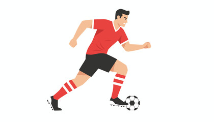 Fototapeta premium Professional soccer player in a red jersey and black shorts sprinting while dribbling a football across a white background.