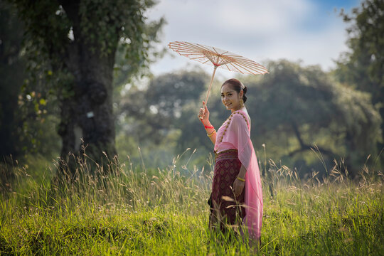 portrait of a woman. Portrait beautiful woman in Thai traditional costume in Ayutthaya, Thailand.