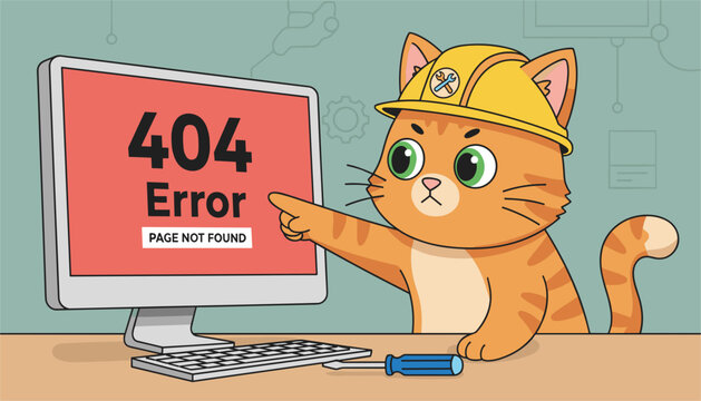 Cute ginger cat dressed as a construction worker wearing a yellow hard hat and pointing at a computer screen showing a 404 error.