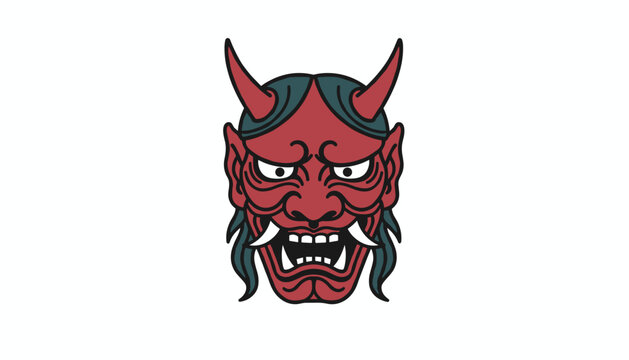Traditional red Japanese hannya mask with sharp horns and an intense expression isolated on a plain white background.