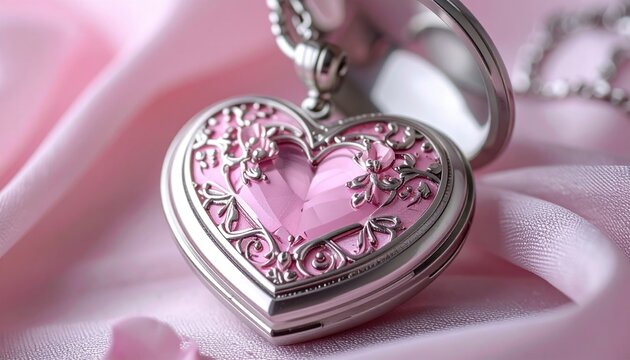 Silver heart-shaped locket opened to reveal elegant pink decorative inserts, romantic jewelry concept
