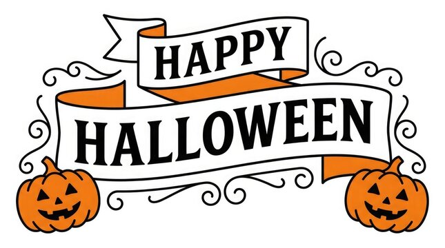 Vintage style happy halloween illustration with carved pumpkins and decorative ribbon banners