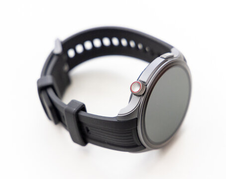 Closeup of Modern Smartwatch with Black Strap and Silver Case