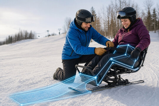 Adaptive ski instructor fitting a sit-ski