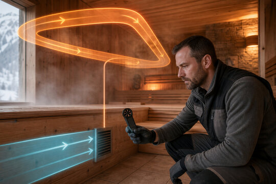 Lodge facilities worker checking sauna ventilation