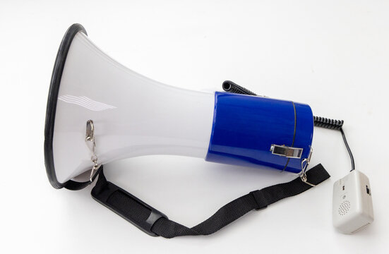 White and Blue Megaphone with Handheld Microphone on White Background