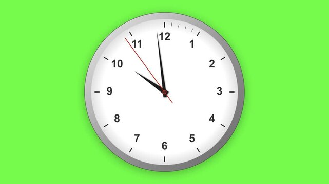 Wall clock with black minute and hour hands showing time against a bright green screen