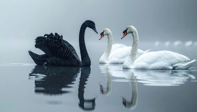 Black swan standing among white swans on calm water, unexpected event and business risk concept, elegant conceptual photography