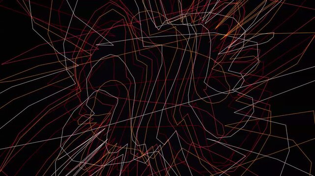 Intricate orange and white abstract linear wireframe pattern on deep black background texture