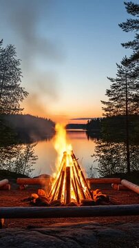Bright bonfire burning near a calm lake during sunset