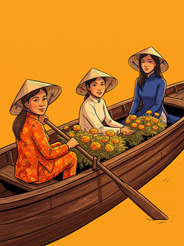 This vibrant illustration depicts three Vietnamese women in traditional attire and conical hats transporting a boat full of orange marigolds across glowing golden yellow river waters.

