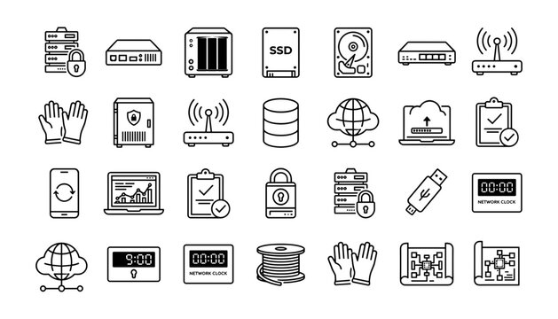Data Center Infrastructure and Network Hardware Icon Set with Minimalist Outline Elements for Cyber Security