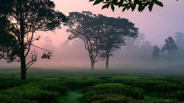 Misty dawn over lush green tea fields with silhouetted trees against soft pink and purple sky