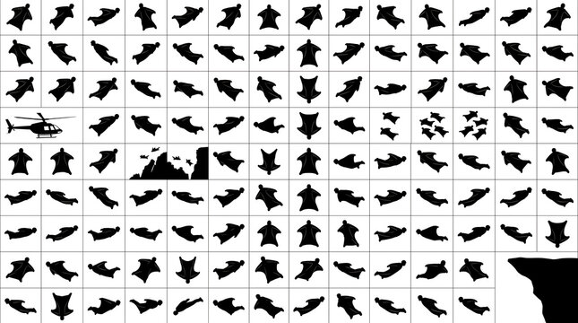 Wingsuit flying silhouettes collection showing various aerial poses and flight positions