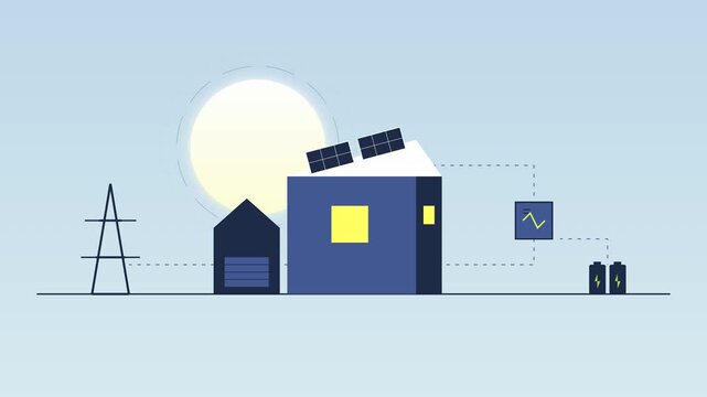 Residential Solar Energy System Animation with Rooftop Panels, Power Grid and Battery Storage for Home Electricity, Renewable Energy and Smart Energy Management