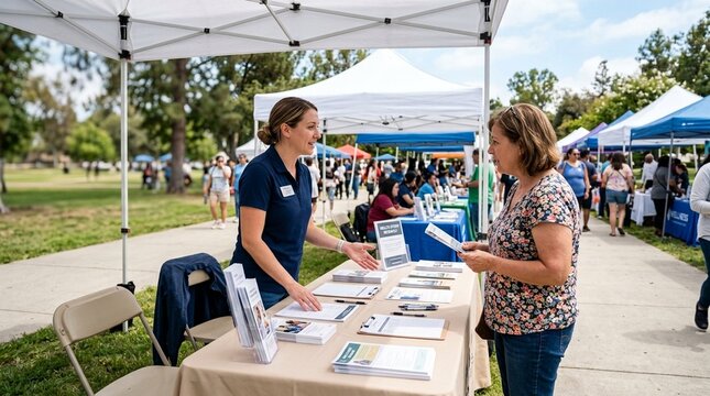 Recruitment booth at a community health fair with a coordinator answering questions about a study