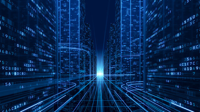 Streaming data, binary data moving in a Data Center - Digital Code City ai, artificial intelligence concept - 3d illustration