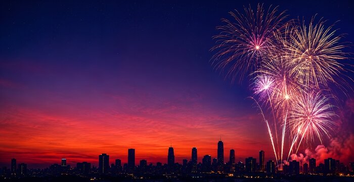 Bright fireworks display over a city skyline at sunset with vibrant red and purple sky