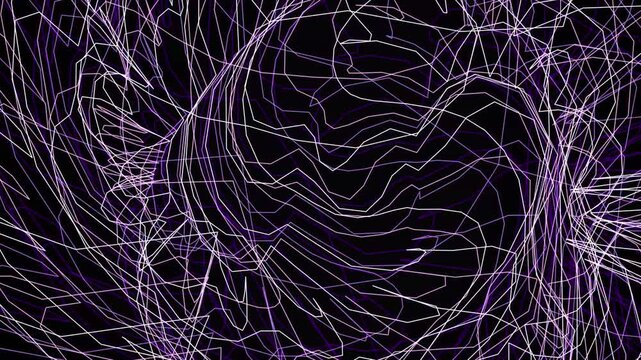 Purple and white abstract wireframe network lines on solid dark black background texture