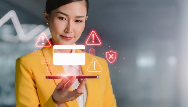 Asian businesswoman wearing yellow suit holding smartphone displaying glowing digital credit card with red warning alert icons indicating online financial payment fraud risk security scam.
