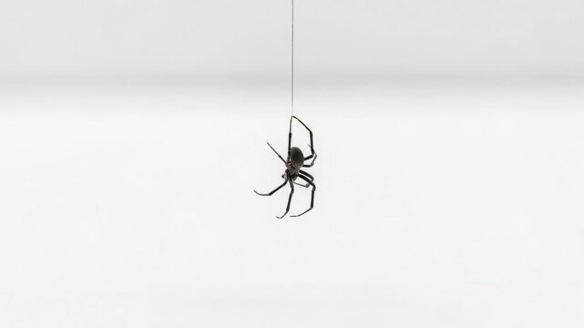 Close up of a black spider hanging from a delicate silken thread in nature