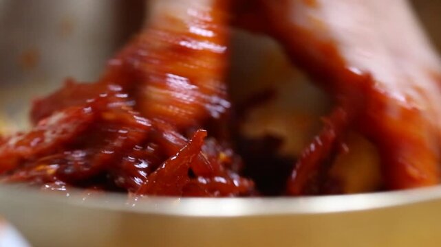 Korea gochujang gulbi spicy red chili paste seasoned dried yellow croaker fish shredded dried croaker banchan side dish 한국 고추장굴비 조기 고추장 양념 찢은 굴비 무침 밑반찬 생선 한식 수산물 식재료