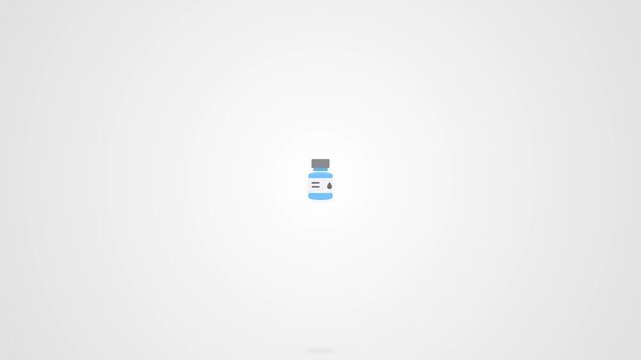 Animated printer ink bottle containing blue ink, representing ink refill, printer maintenance, color printing, document production and consumable supplies for home and office printers