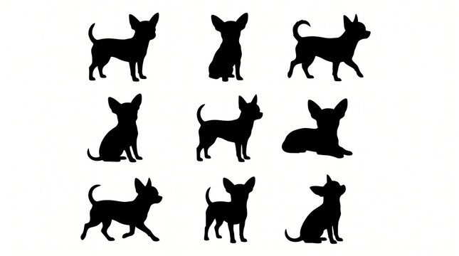 Chihuahua Silhouettes in a 3x3 Grid, Showcasing Various Poses and Stances Featuring Dog, Breed