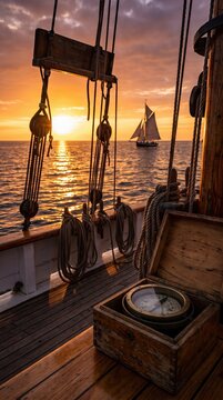 A vintage compass rests on the wooden deck of a sailboat as it glides across the ocean, with the golden sun setting majestically on the horizon. 