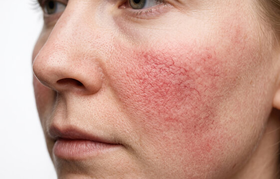 Close up of severe rosacea facial redness and telangiectasia broken capillaries on female cheek