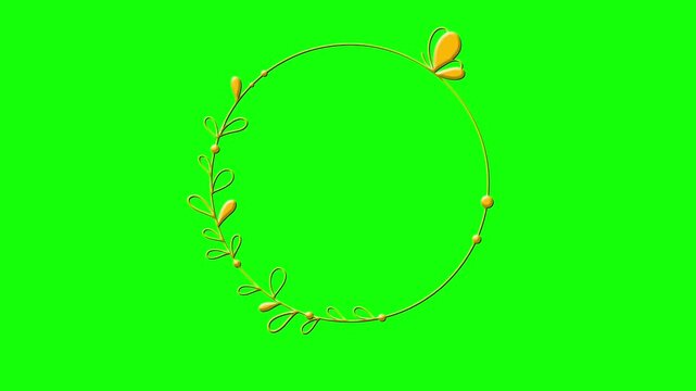 Golden round floral frame with butterfly on green screen background footage