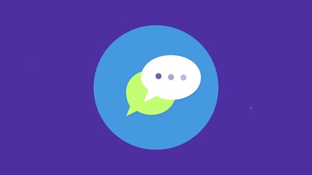 Chat bubble with neon green and white speech mark on a blue circular badge