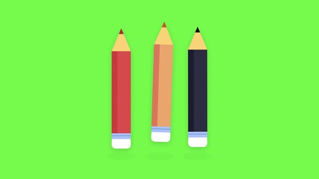 Three colored pencils standing upright with exposed wood tips and paperboard erasers