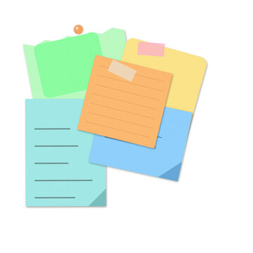 Stack of colorful rectangular sticky notes with tape and push pin isolated on a transparent background