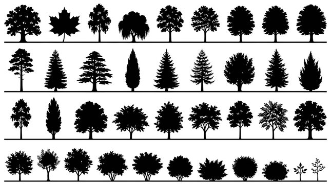 Cad tree line Forest tree vector set. Deciduous and coniferous silhouettes. Mixed species illustration for nature design. vactor