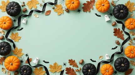 Obraz premium Halloween flat lay frame border with pumpkins and autumn leaves on green background