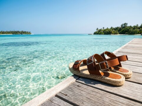 Close-up of pair of brown leather designer sandals with metal buckles and espadrille rope soles resting on a wooden pier boardwalk against a backdrop of turquoise tropical ocean water.