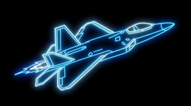 Fighter jet airplane glowing blue neon flying forward against dark background
