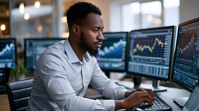 fourth quarter market analysis, adult business analyst studying market trends and economic data on multiple computer screens, modern financial workspace, sophisticated corporate environment,