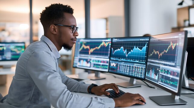 fourth quarter market analysis, adult business analyst studying market trends and economic data on multiple computer screens, modern financial workspace, sophisticated corporate environment,