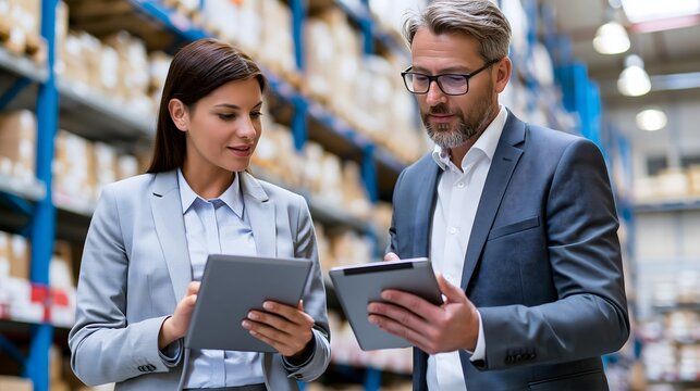 Q4 inventory and supply chain analysis, adult business managers reviewing warehouse inventory data and seasonal demand forecasts on tablets, modern distribution center, organized shelves in