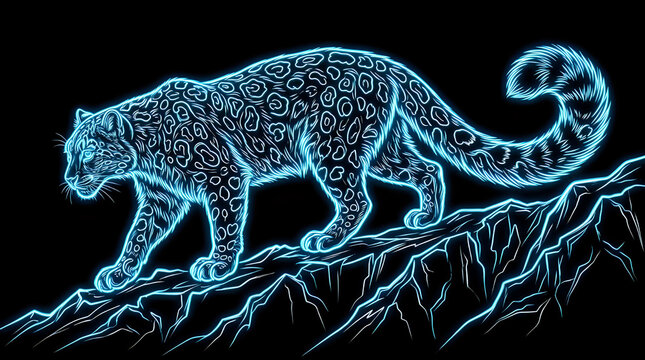 Leopard wild animal glowing blue neon wireframe art walking on rocky terrain