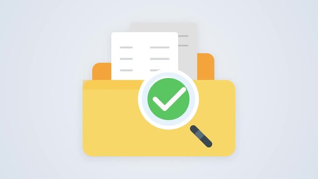 Yellow folder with green check mark and magnifying glass over office document
