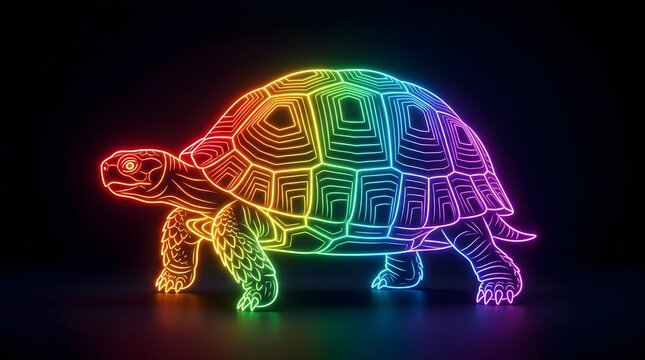 Rainbow glowing neon tortoise reptile animal illustration on dark background