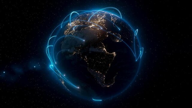 Dynamic globe at night glowing with city lights and bright lines tracing global connections